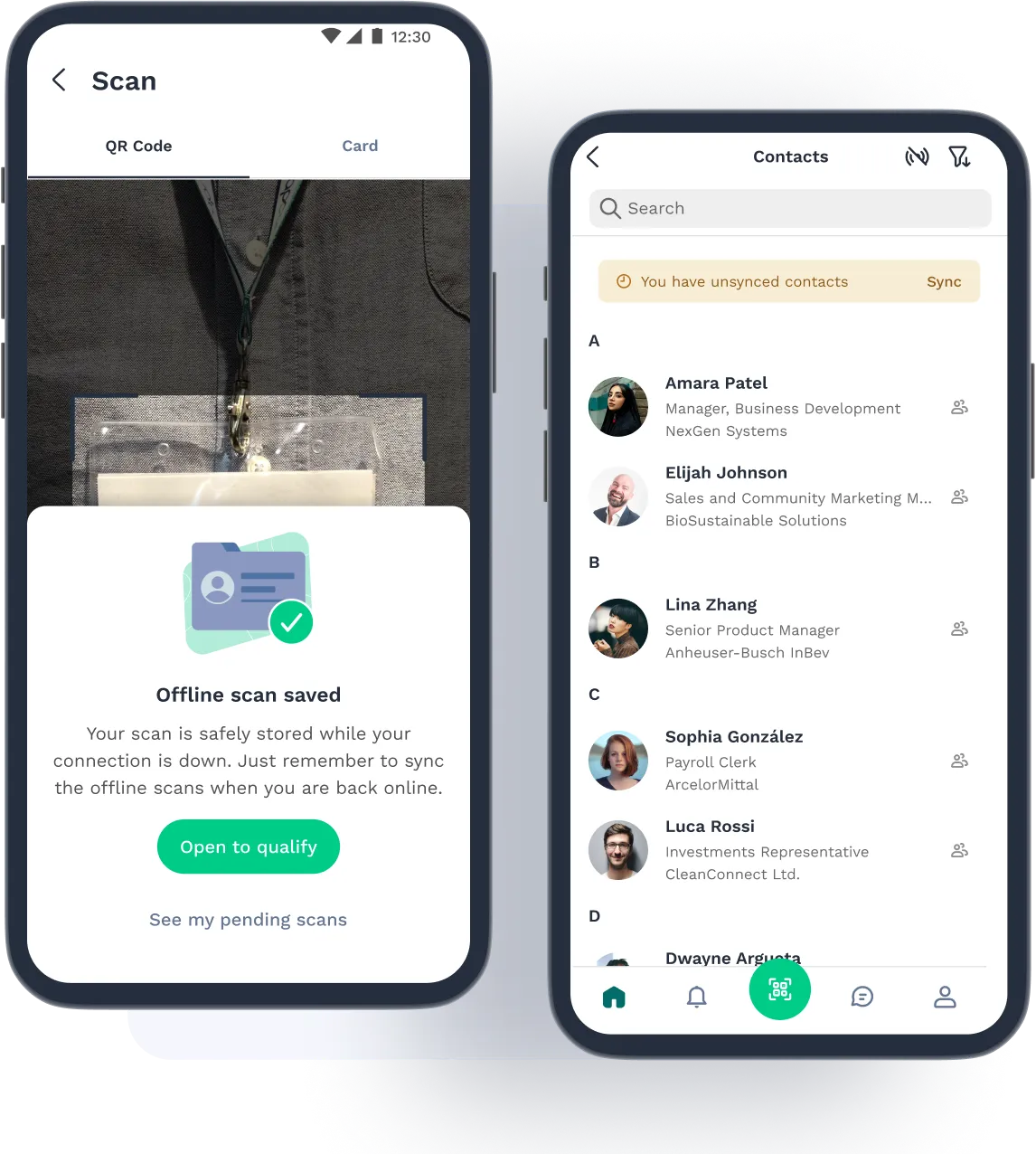 Showing the ability to scan a contact's badge or business card offline
